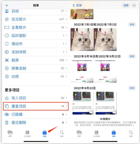 万秀苹果手机维修分享iOS 16 中相册重复项目功能使用方法 